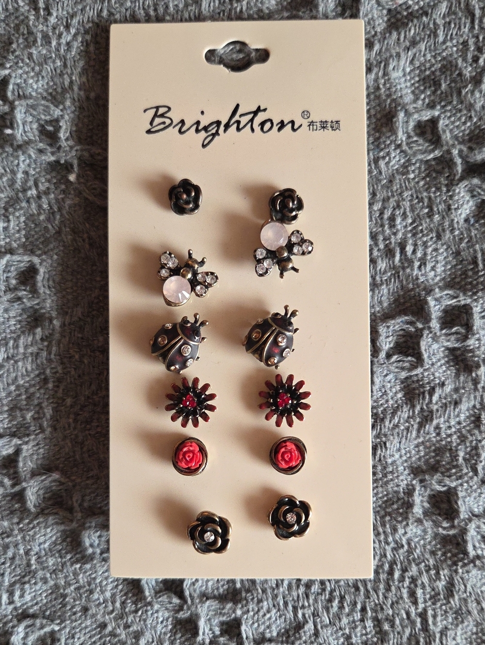 Brighton Mixed Floral and Ladybug Earring Set in Black, Red, Pink